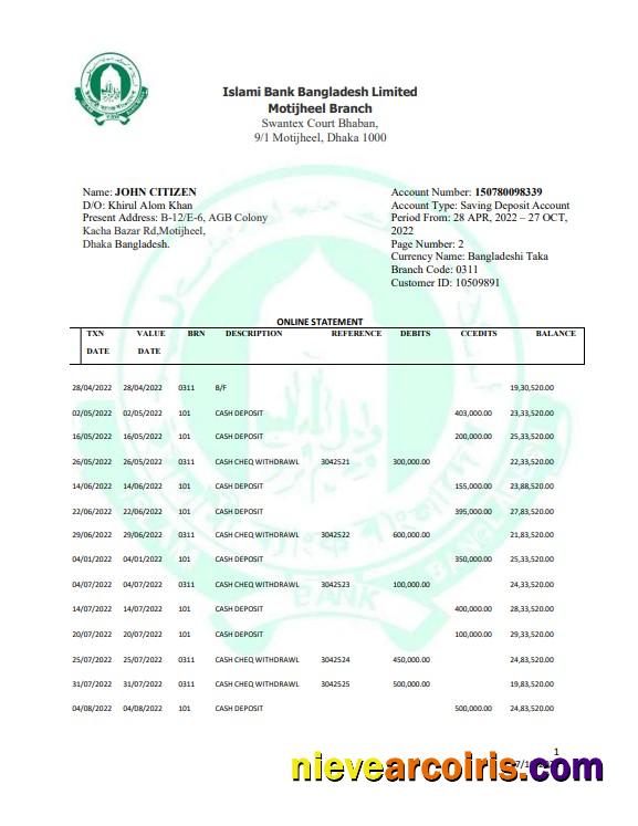 Bangladesh Islami Bank Limited statement Word and PDF, 2 pages